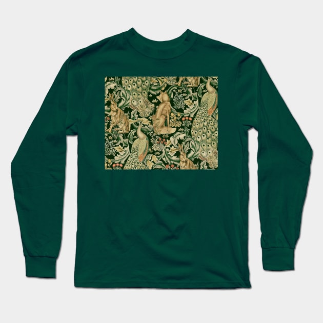 GREEN FOREST ANIMALS ,PEACOCKS, FOX AND HARE Long Sleeve T-Shirt by BulganLumini